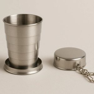 Telescopic Stainless Steel Travel Cup with Keychain Lid Portable Folding Metal Drinking Glass for Outdoor Camping Hiking Picnic Spirit Cup Silver