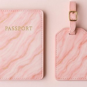 Cute Passport Holder and Luggage Tag Set for Women Travel Accessories with Marble Pattern Passport Cover and Matching Bag Label Pink Design