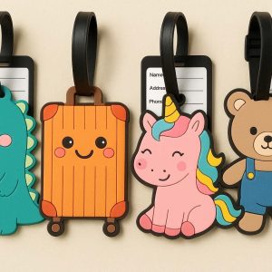 Cute Cartoon Luggage Tags for Kids Suitcases Set of 4 Fun Silicone Bag Labels with Address Cards for School Backpacks and Family Travel
