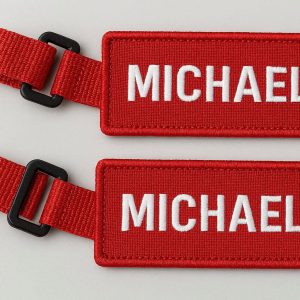 Personalized Embroidered Luggage Tags with Velcro Straps Set of 2 Heavy Duty Fabric Bag Labels for Duffel Bags and Backpacks Red Design