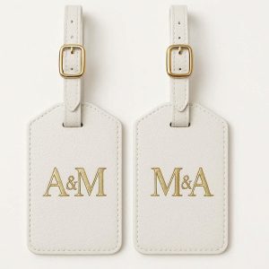 Luxury Monogram Luggage Tags with Gold Buckles Set of 2 Premium Faux Leather Suitcase Labels for Honeymoon Couples and Anniversary Gifts White