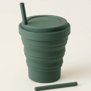 Heavy Duty Collapsible Silicone Camping Cup with Straw and Lid 12oz Portable Travel Tumbler for Cold Drinks Smoothies Iced Coffee BPA Free