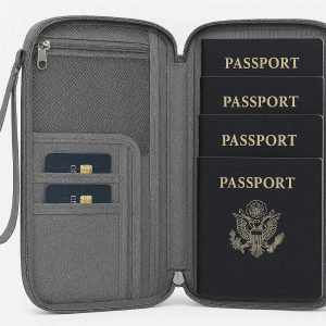 Family Passport Holder Organizer Case for 4 Passports Large Travel Wallet with Zipper Closure and Wrist Strap Waterproof Fabric Gray Color