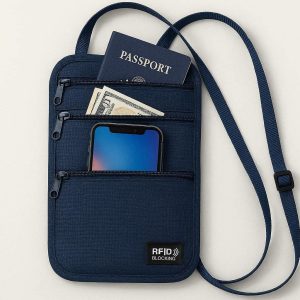 Crossbody Passport Holder Bag with RFID Blocking Small Travel Neck Pouch for Passport Cash and Smartphone Security for Men and Women Navy